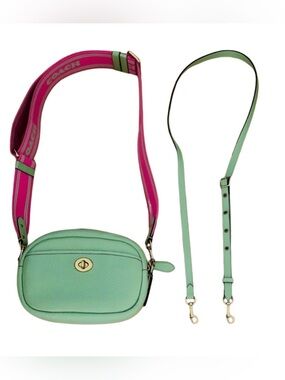 COACH Mint Green Pebbled Leather Crossbody Camera Style Bag Pink & Green Strap